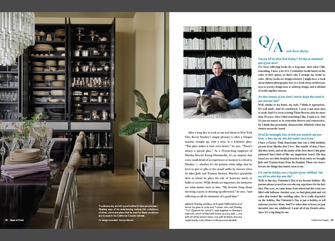 Magazine spread featuring Kevin Sharkey discussing dog-friendly home design with images of a dining area and bookshelf