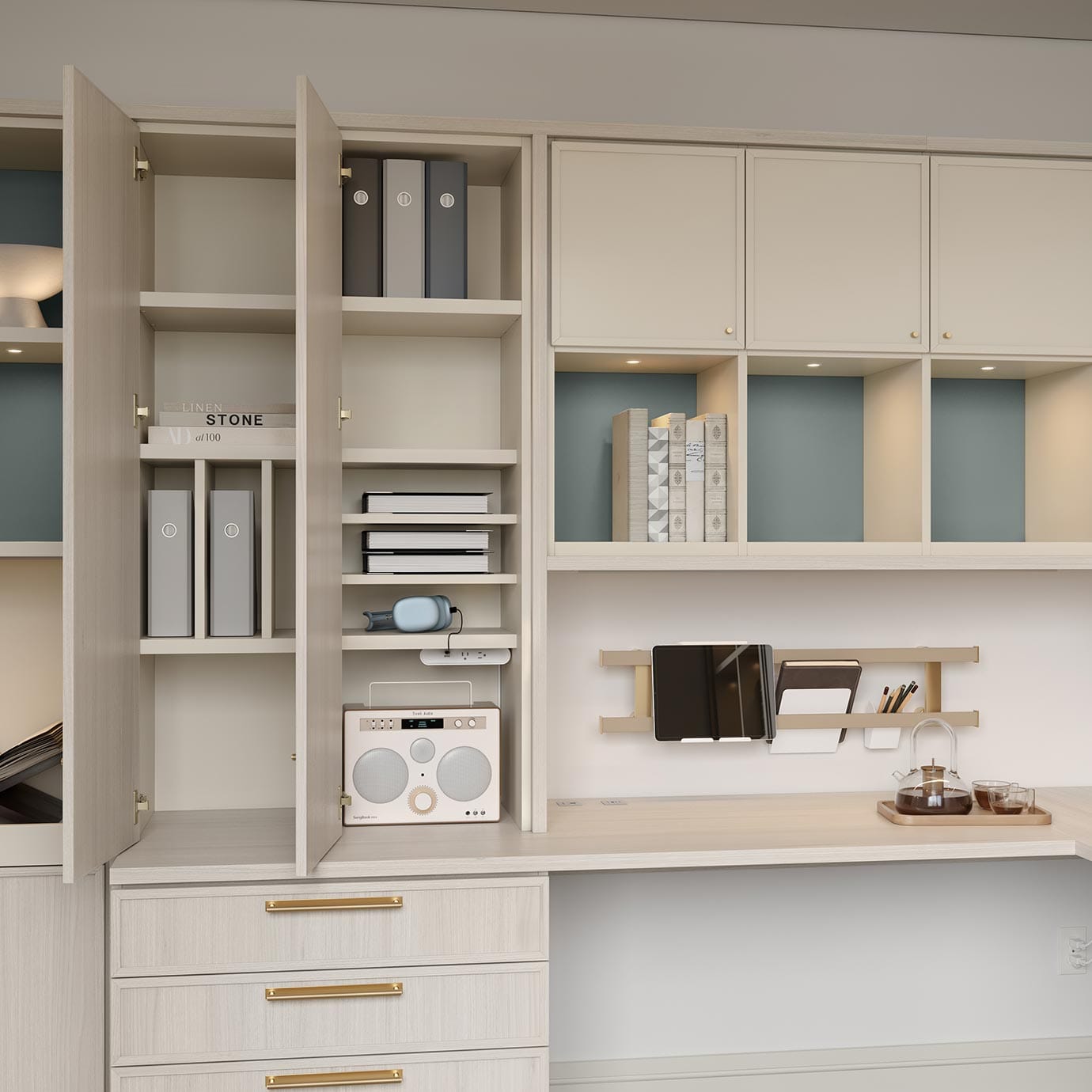 Custom office shelving designed with open and concealed layout from California Closets
