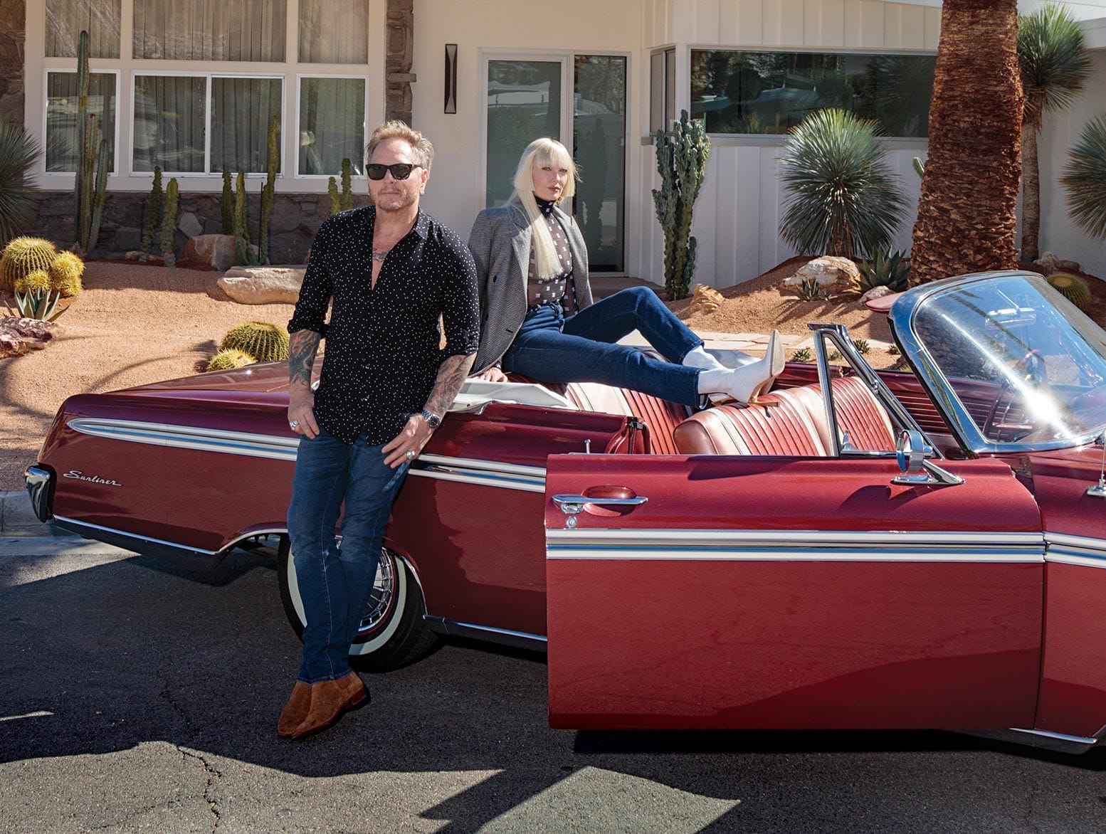Red convertible and desert home with Matt Sorum in Palm Springs for California Closets.